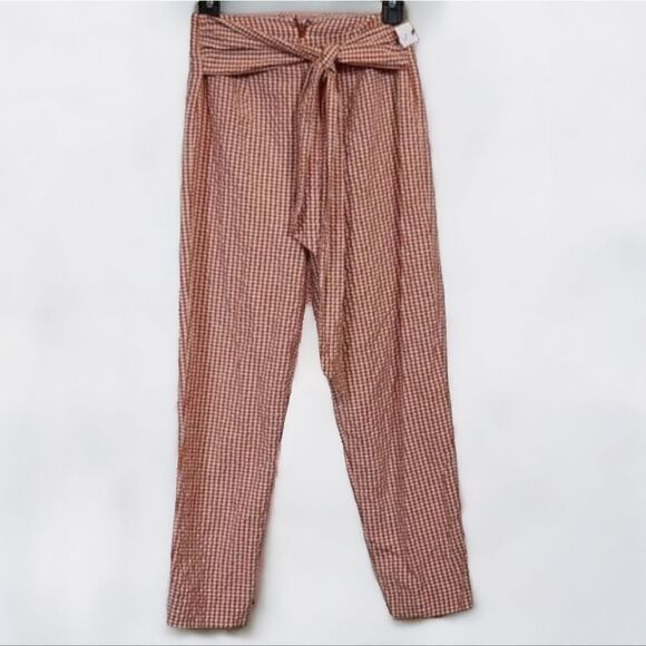 Free People West Side Tie Orange Gingham Check Seersucker Taper Leg Cropped Pant - Picture 1 of 12